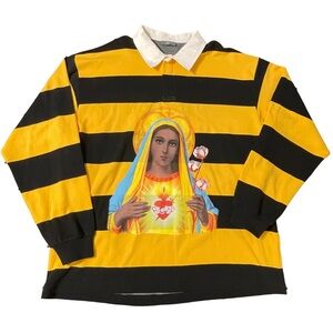DENIM TEARS Rugby Long Sleeve Polo Shirt Mother Madonna Black & Yellow XL Men